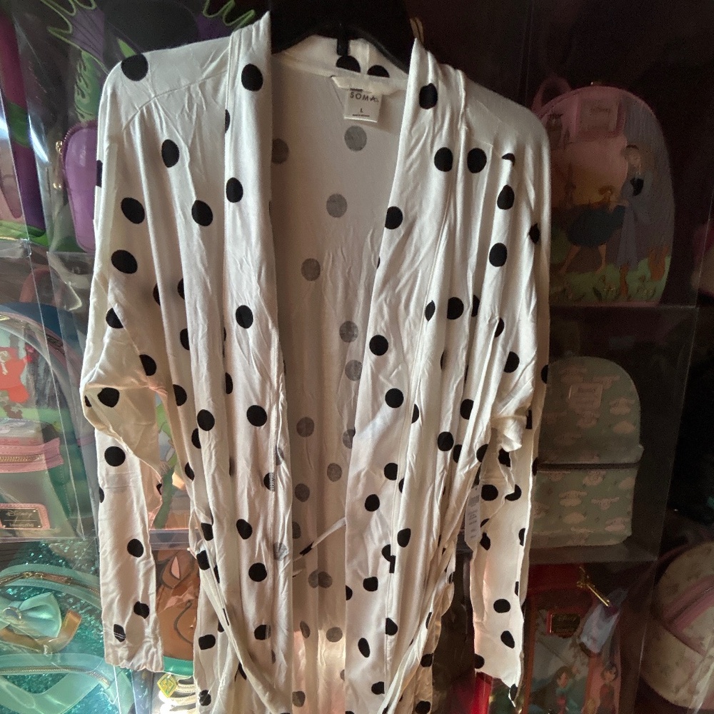Soma Cool Nights Long Sleeve Robe White Black Dots Women Large